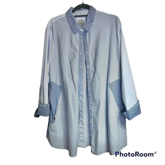 CHICO’S Blue White Stripe Color block button up Tunic with side pockets sz 16/18 - Picture 1 of 4